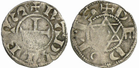 France - Berri - Comté de Deols - Raoul VI - Denier
Raoul VI (1160-1176). A/ + RADVLFS. Croix. 
R/ + DE DOLIS. Etoile centrée d'un annelet.
TB
Bd....