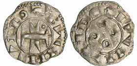 France - Languedoc - Comté de Melgueil - Denier
A/ RAMVNDS. Croix composée d'une fasce et de deux étendards (ou mitres), cantonnée au 1 d'un besant. ...
