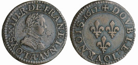 France - Louis XIII (1610-1643) - Double tournois au buste enfantin et col plat - 1617 A (Paris)
TTB
L4L.33-Ga.5 / 7
 Cu ; 2.93 gr ; 20 mm
