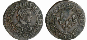 France - Louis XIII (1610-1643) - Double tournois au buste enfantin et col plat - 1620 G (Poitiers)
TTB+
L4L.33-Ga.5 / 7
 Cu ; 3.14 gr ; 20 mm