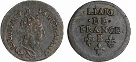 France - Louis XIV (1643-1715) - Liard de France, 2ème type au buste jeune - 1656 B (Acquigny)
TTB+
L4L.178-Ga.80
 Cu ; 4.41 gr ; 23 mm
Etoile sou...