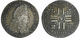 France - Louis XIV (1643-1715) - ½ écu aux 8 L, 1er type - 1692 9 (Rennes)
TTB+
L4L.246-Ga.184
 Ar ; 13.37 gr ; 33 mm