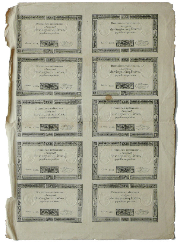 France - Assignat - Planche de 10 assignats de 25 livres
Bord gauche de la plan...