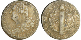 France - Constitution (1791-1792) - 2 sols au faisceau type FRANCOIS - 1792 M (Toulouse)
TB
Ga.25
 MdC ; 23.97 gr ; 33 mm