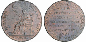 France - Constitution (1791-1792) - Monneron de 2 sols - 1791
A/ LIBERTE SOUS LA LOI. Liberté assise à gauche à l'exergue, L'AN III DE LA / LIBERTE. ...