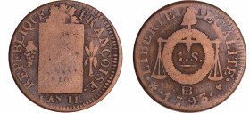 France - Convention (1792-1795) - Sol à la balance type FRANCOISE - An II - 1793 BB (Strasbourg)
B
Ga.19
 Cu ; 14.59 gr ; 28 mm