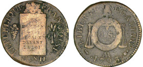 France - Convention (1792-1795) - Sol à la balance type FRANCOISE - An II - 1793 AA (Metz)
TB
Ga.19
 Cu ; 12.30 gr ; 27 mm