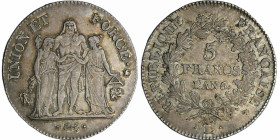 France - Directoire (1795-1799) - 5 francs Hercule union et force An 6 L (Bayonne) An 6 sur 5
SUP
Ga.563-F.287
 Ar ; 24.84 gr ; 37 mm