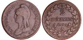 France - Directoire (1795-1799) - 2 décimes Dupré - An 4 A (Paris)
TTB
Ga.300-F.145
 Br ; 19.67 gr ; 31 mm