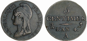 France - Directoire (1795-1799) - 5 centimes Dupré - petit module - An 4 A (Paris)
SUP
Ga.124-F.113
 Cu ; 4.51 gr ; 22 mm