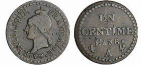 France - Consulat (1799-1804) - 1 centime Dupré An 8 A (Paris)
TTB
Ga.76-F.100
 Br ; 2.02 gr ; 18 mm