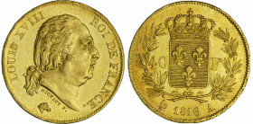 France - Louis XVIII (1815-1824) - 40 francs 1816 A (Paris)
SPL
Ga.1092-F.542
 Au ; 12.88 gr ; 26 mm
Probablement frappée sur un flan bruni.
