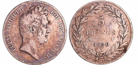 France - Louis-Philippe Ier (1830-1848) - 5 francs tête nue sans le I tranche en creux 1830 W (Lille)
TB
Ga.675-F.313
 Ar ; 24.72 gr ; 37 mm