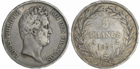 France - Louis-Philippe Ier (1830-1848) - 5 francs tête nue sans le I tranche en relief 1830 A (Paris)
TTB
Ga.675a-F.314
 Ar ; 24.80 gr ; 37 mm