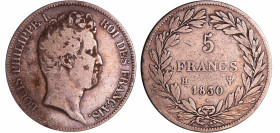 France - Louis-Philippe Ier (1830-1848) - 5 francs tête nue tranche en creux 1830 H (La Rochelle)
B+
Ga.676-F.315
 Ar ; 24.59 gr ; 37 mm