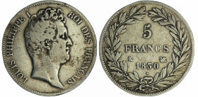 France - Louis-Philippe Ier (1830-1848) - 5 francs tête nue tranche en creux 1830 K (Bordeaux)
B+
Ga.676-F.315
 Ar ; 24.64 gr ; 37 mm