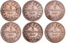 France - Louis-Philippe Ier (1830-1848) - 5 francs tête laurée 1er type tranche en relief année 1837 (6 monnaies)
Série année 1837 : A, B, BB, K, MA,...