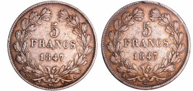 France - Louis-Philippe Ier (1830-1848) - 5 francs tête laurée 1er type tranche en relief année 1847 (2 monnaies)
Série année 1847 : A, BB. Poids : 5...