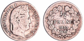 France - Louis-Philippe Ier (1830-1848) - 1/2 franc 1833 D (Lyon)
TB
Ga.408-F.182
 Ar ; 2.34 gr ; 18 mm