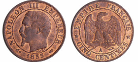 France - Napoléon III (1852-1870) - 5 centimes tête nue 1855 A (Paris)
SPL
Ga.152-F.116
 Br ; 5.07 gr ; 25 mm