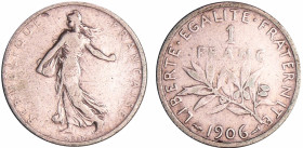 France - Troisième république (1871-1940) - 1 franc Semeuse 1906
TB
Ga.467-F.217
 Ar ; 4.89 gr ; 23 mm