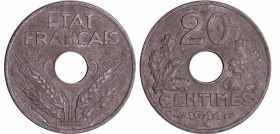 France - Etat Français (1940-1944) - 20 centimes "20" 1944
TTB
Ga.321-F.153
 Zinc ; 2.99 gr ; 24 mm