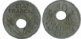 France - Etat Français (1940-1944) - 10 centimes zinc 1941 trou décentré
TTB
Ga.288-F.140
 Zinc ; 2.56 gr ; 21 mm