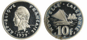 Nouvelle Calédonie - 10 francs 1979 piéfort argent
FDC
Lecompte.92
 Ar ; 14.39 gr ; 24 mm
Monnaie frappée à 250 exemplaires.