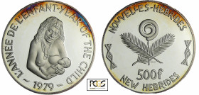 Nouvelles Hébrides - 500 francs 1979 l'année de l'enfant
PCGS PR 67 DC
Lecompte.62
 Ar ; 20.12 gr ; 40 mm
Monnaie frappée à 100 exemplaires. Monna...