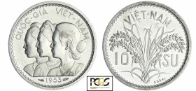 Viêt-Nam - République 1949-1955 Bao Dai chef d'État - 10 su 1953 piéfort essai
PCGS SP 60
Lecompte.7
 Al ; 2.84 gr ; 23 mm
Monnaie frappée à 104 e...