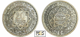 Maroc - 20 francs 1366 AH piéfort essai
PCGS SP 65
Lecompte.272
 Cupro-Nickel ; 19.54 gr ; 30 mm
Monnaie frappée à 104 exemplaires. PCGS #48106392...