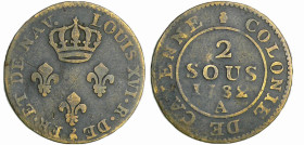 Cayenne - Louis XVI (1774-1792) - 2 sous 1782 A (Paris)
TTB
Lecompte.13
 Cu ; 1.64 gr ; 22 mm