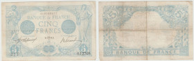 France - 5 francs "Bleu" Type 1905 (Lion inversé)
Pas de trous d'épingles, 2 plis, traces de plis salis, pas de déchirure.
TTB
Fayette.F2bis-4