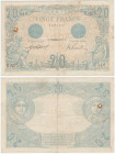 France - 20 francs " Bleu" Type 1905
Pas de trous d'épingles, 2 plis, traces de plis salis, pas de déchirure.
TB
Fayette.F10-3