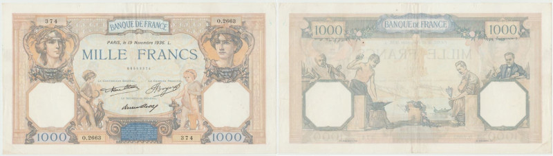 France - 1000 francs "Cérès et Mecure" Type 1927
4 trous d'épingles, 2 plis, cr...