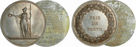 France - Directoire (1795-1799) - Médailles unifaces en étain, Prix de vertu 1797
SUP
Hennin cfr. 861-Julius 631
 Etain ; 44.56 et 48.74 gr ; 71 mm...