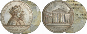 France - Jean Fernel et Ambroise Paré - Médailles unifaces en étain 1774
SUP
--
 Etain ; 44.65 et 19.26 gr ; 60 mm
Tirage en étain collé sur un pa...