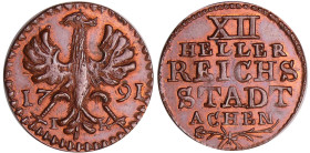 Allemagne - Aachen, stadt - 12 heller 1791
SUP
Krumbach.198
 Cu ; 3.78 gr ; 24 mm