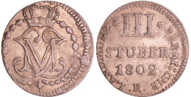 Allemagne - Duché de Berg - Herzog Maximilian Joseph (1799-1806) - III Stuber 1802 R (Düsseldorf)
SUP
ASK.5
 Bill ; 1.77 gr ; 21 mm