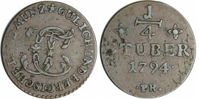 Allemagne - Jülich-Berg - Karl Theodor (1742-1799) - 1/4 Stüber 1794 PR (Düsseldorf)
TTB
Noss.1007
 Cu ; 3.13 gr ; 24 mm