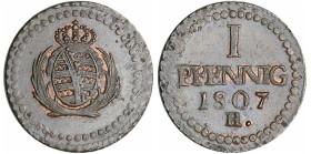 Allemagne - Sachsen - Friedrich August I (1806-1827) - Pfenning 1807 H
SUP+
AKS.50
 Br ; 1.54 gr ; 20 mm