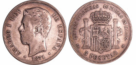 Espagne - Amadeo Ier - 5 pesetas 1871 (71)
TB
KM#666
 Ar ; 24.73 gr ; 37 mm