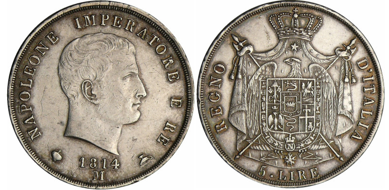 Italie - Règne d'Italie - 5 lire 1er type - Tranche en relief - 1814 M (Milan)
...