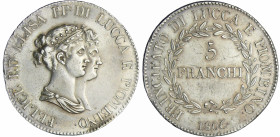 Italie - Principauté de Lucques et Piombino - 5 franchi 1806 (Florence)
SUP+
LMN.1182-Montenegro.436
 Ar ; 24.87 gr ; 38 mm
Bustes petits, monnaie...