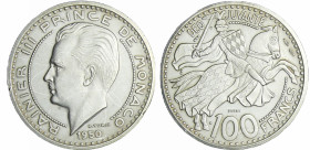 Monaco - Rainier III (1949-2005) - Piéfort argent 100 francs 1950
SPL
Gad. MC.142
 Ar ; 29.99 gr ; 30 mm