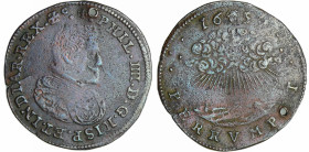 Pays-Bas Meridionaux - Philippe IIII (1621-1665) - Trêve conclue entre la France et l'Espagne - 1659 (Bruxelles)
Revers : PERRVMPET 1659
TB
Van Loo...