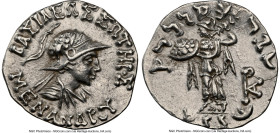 INDO-GREEK KINGDOMS. Bactria. Menander I Soter (ca. 165/155-130 BC). AR Indic drachm (17mm, 2.47 gm, 11h). NGC AU 5/5 - 3/5. Indian standard. Uncertai...