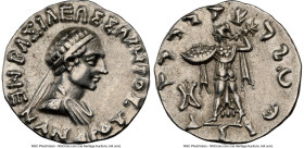 INDO-GREEK KINGDOMS. Bactria. Menander I Soter (ca. 165/155-130 BC). AR Indic drachm (16mm, 2.46 gm, 11h). NGC XF 5/5 - 3/5, brushed. Indian standard....
