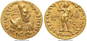 INDIA. Kushan Empire. Vima Kadphises (ca. AD 113-127). AV dinar (20mm, 7.91 gm, 11h). VF. Attic (Kushan) standard, Bactria, main mint. BACIΛEYC OOH-MO...