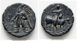 INDIA. Kushan Empire. Vima Kadphises (ca. AD 113-127). AE drachm (18mm, 4.49 gm, 12h). Choice Fine. Attic standard, Begram, main mint, monolingual ser...
